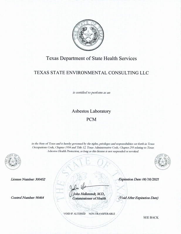 Texas State Environmental Consulting Asbestos Laboratory License